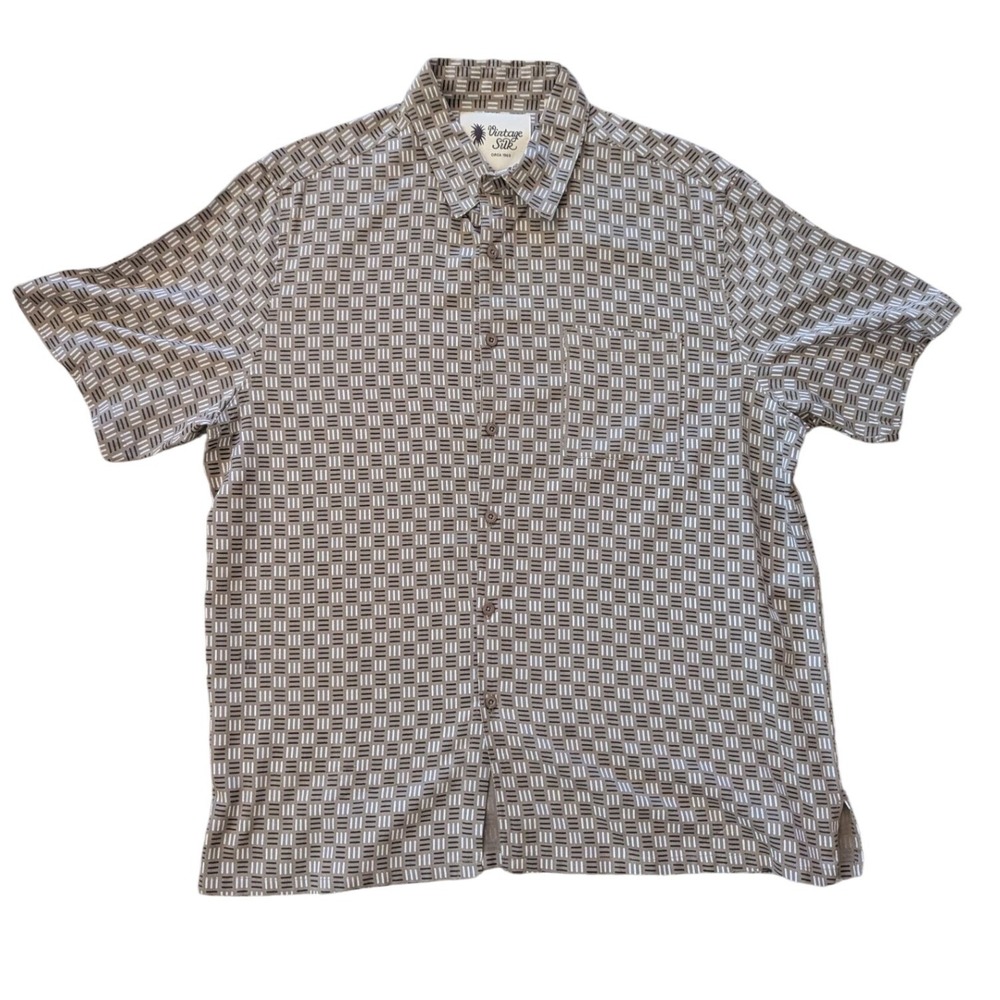 Vintage‎ Silk Shirt Mens XXL Brown Geometric 100% Silk Short Sleeve Button Down